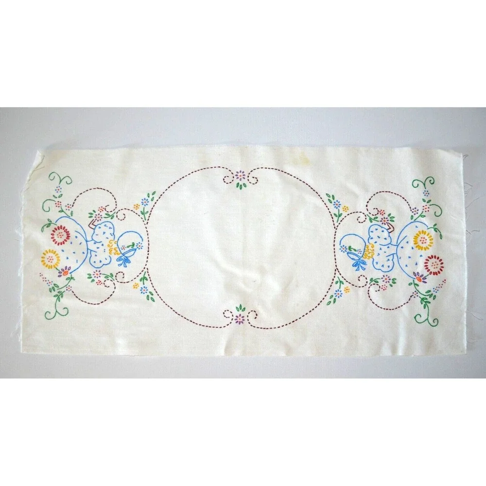 Vintage Stamped UNFINISHED Dresser Runner, Floral w/ A Southern Bell At Each End